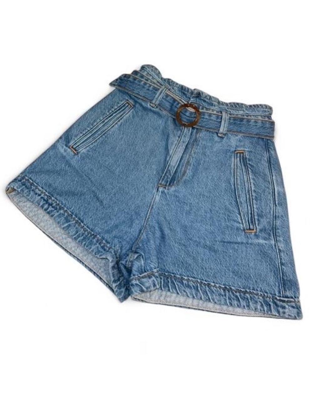 Zara Light Blue Denim Paperbag Waist Shorts with Belt